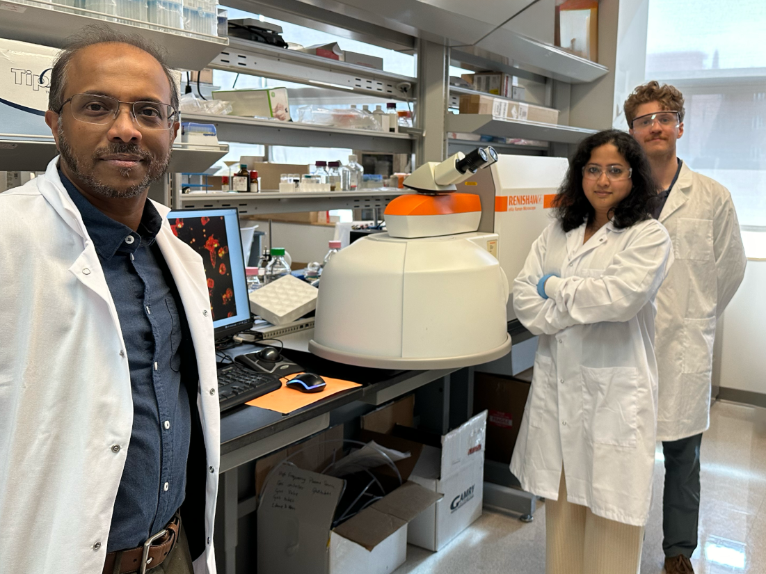 Dipanjan Pan, left, Dorothy Foehr Huck & J. Lloyd Huck Chair Professor in Nanomedicine and professor of materials science and engineering and of nuclear engineering, with Teresa Aditya, postdoctoral researcher in nuclear engineering, and David Skrodzki, graduate research assistant in materials science and engineering, in Pan's lab. 